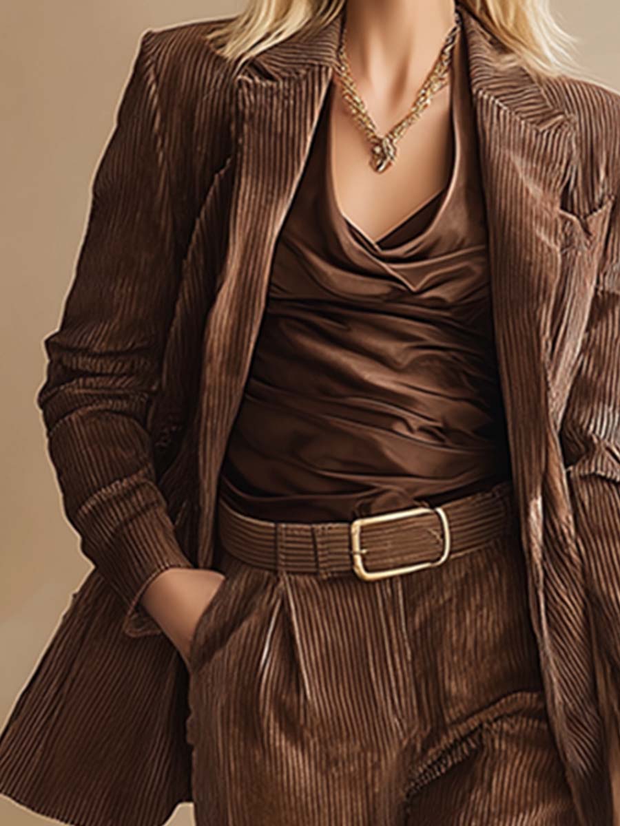 Elegant Classic Brown Corduroy Suit And Trousers Set
