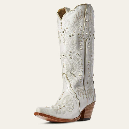 Elegant White Snip Toe Embroidered Mid-Calf Cowgirl Boots with Pearls