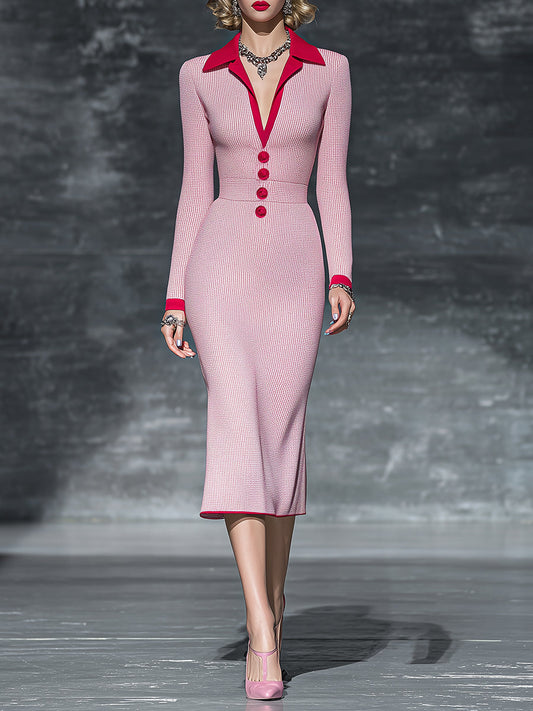Fashionable And Exquisite Contrast Lapel Red Hem Pink Waffle Midi Dress