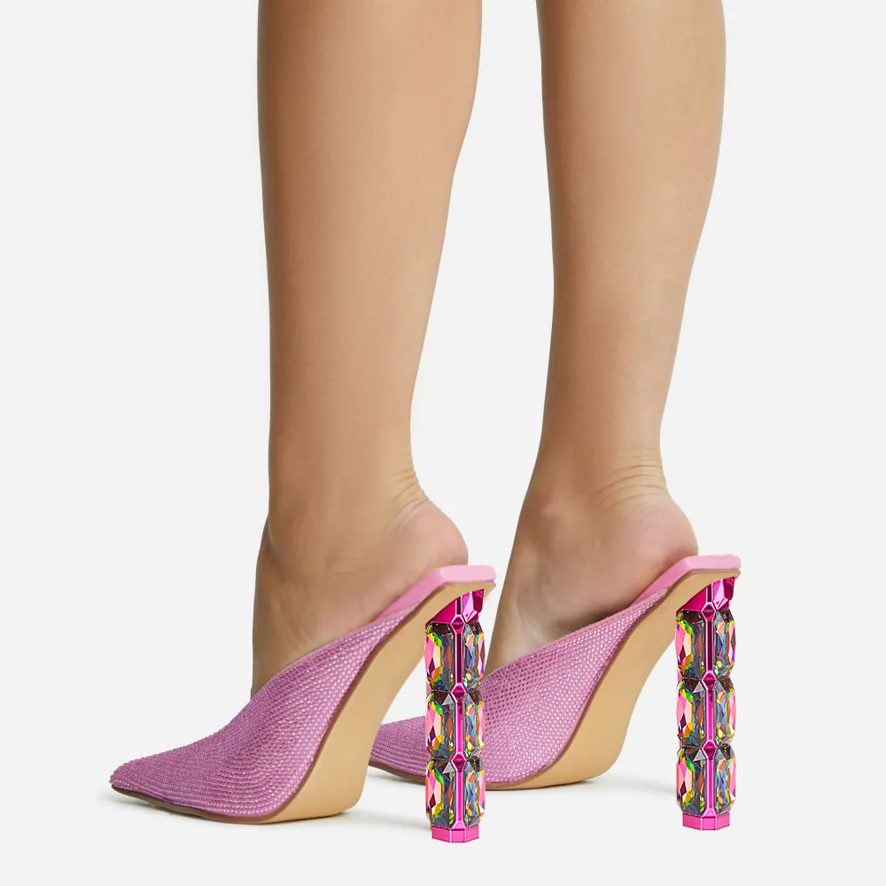 Elegant Pink Pointed Toe Decorative Heel Rhinestone Mules Sandals