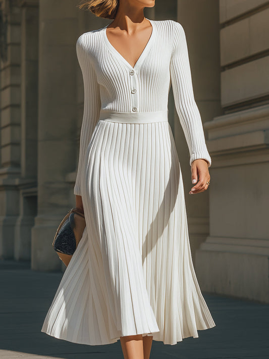 Elegant Ivory Pleated Knit Midi Dress