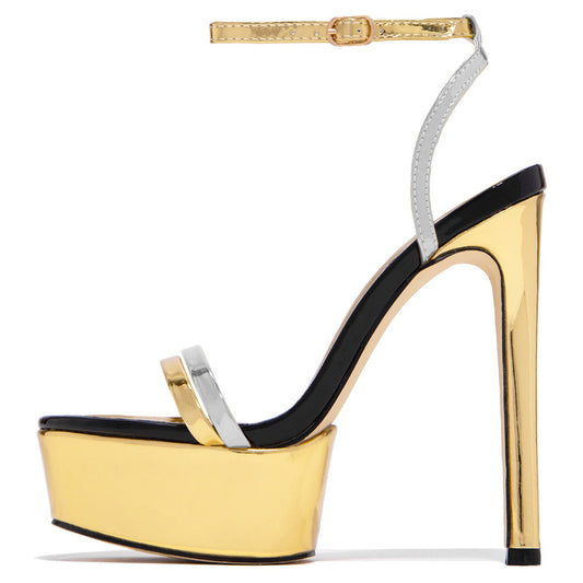 Gold & Silver Round Toe 6'' Stiletto Heel Ankle Strap Platform Sandals