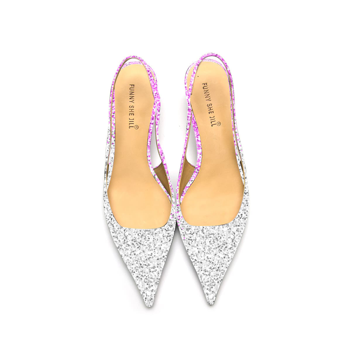 Glitter Pointed Toe Sparkling Silver And Pink Slingback Kitten Heel Pump For Women