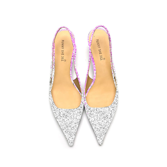 Glitter Pointed Toe Sparkling Silver And Pink Slingback Kitten Heel Pump For Women