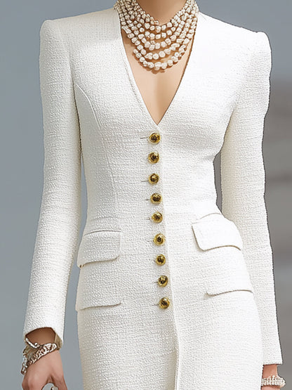 White Tweed V-neck Button-fastening Maxi Dress