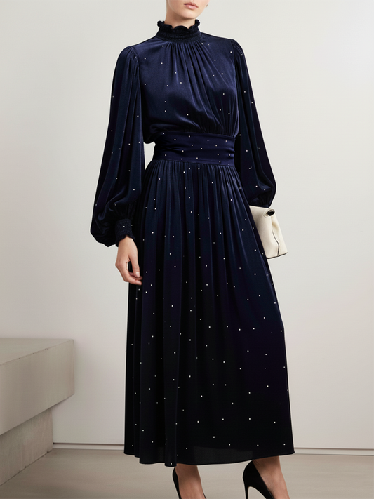 Elegant Retro Stand Collar Rhinestone Velvet Dress