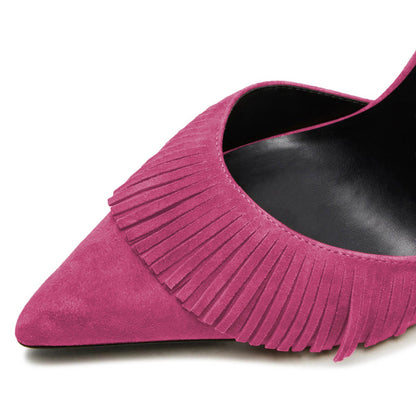 Fuchsia Pointed Toe Fringe Stiletto Heel Ankle Strap Pumps Shoes