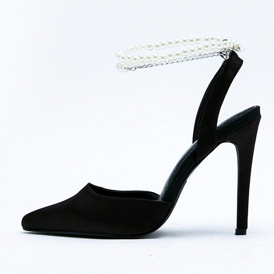 Elegant Satin Pointed Toe Pearl Ankle Strap Black Formal High Heels
