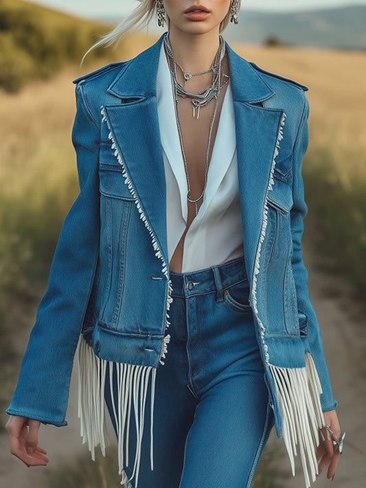 Fashion Retro Blue Denim Lapel Tassel Casual Jacket