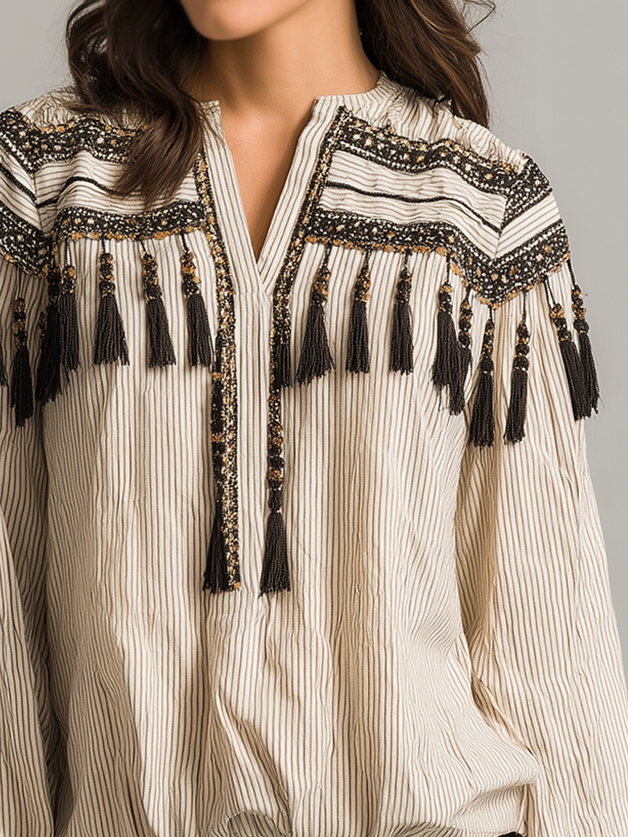 Embroidered Tassel Boho Blouse