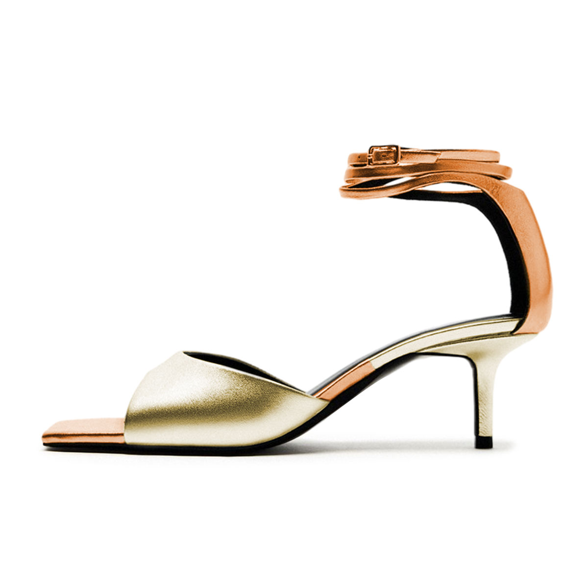Gold & Orange Metallic Open Square Toe Kitten Heel Summer Sandals