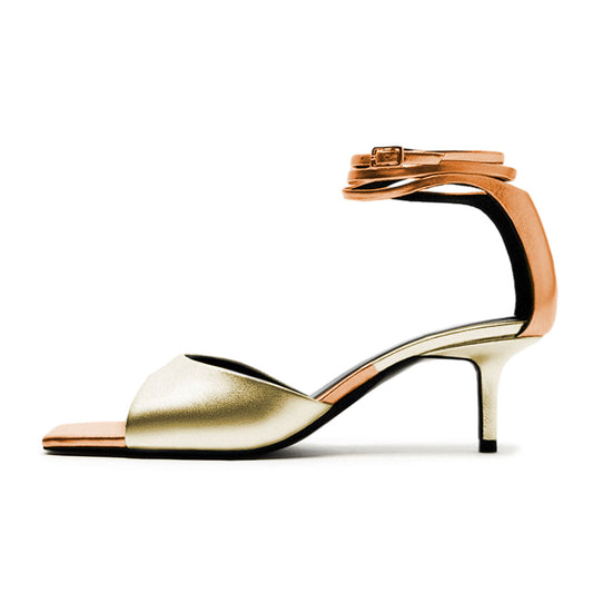 Gold & Orange Metallic Open Square Toe Kitten Heel Summer Sandals