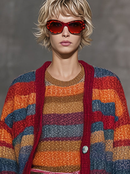 Fashion Retro Rainbow Striped Knitted Button Cardigan