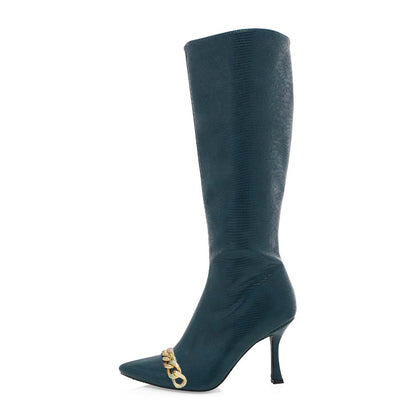 Dark Teal Lizard Embossed Pointed Toe Heeled Boots with Metal Chain