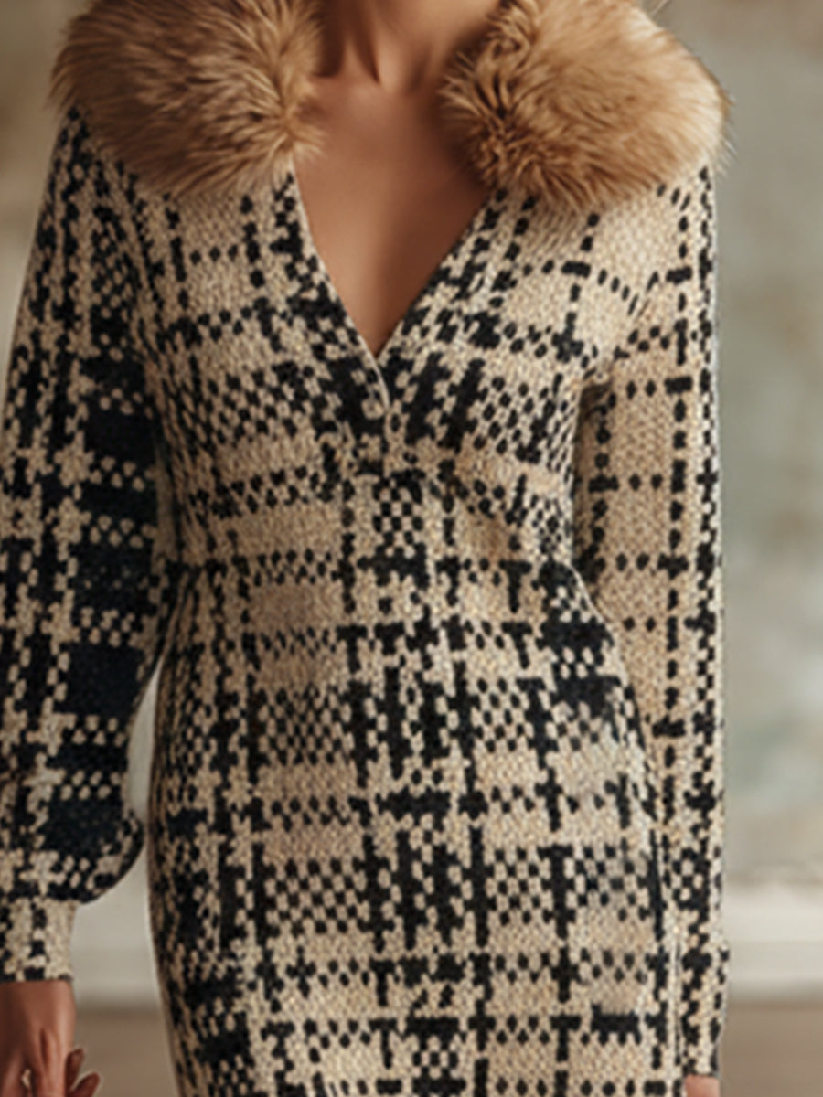 Elegant Khaki Plaid Tweed Faux Fur Collar Long Sleeve Maxi Dress