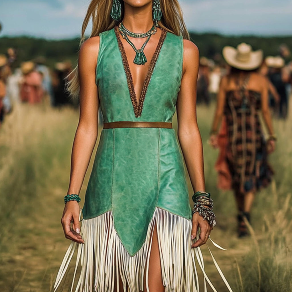 Ursime Western Patterned Deep V Neck Sleeveless Fringe Midi Dress