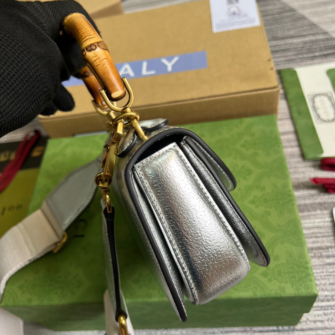 gg Bamboo 1947 Mini Top Handle Bag Silver For Women, Women&#8217;s Bags 6.7in/17cm gg
