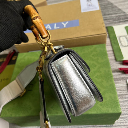 gg Bamboo 1947 Mini Top Handle Bag Silver For Women, Women&#8217;s Bags 6.7in/17cm gg