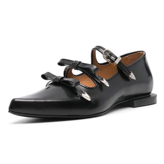 Faux Leather Pointed Toe Buckle Black Flat Shoes for Women