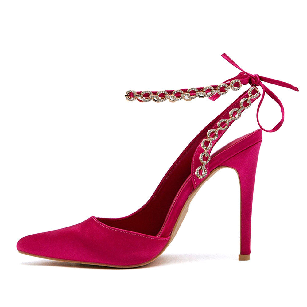 Fuchsia Satin Pointed Toe Ankle Strap Pumps Heels with Chains