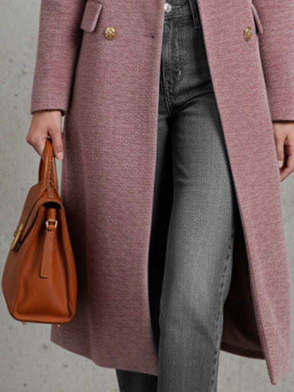 Elegant And Warm Double-breasted Pink Lapel Chenille Coat