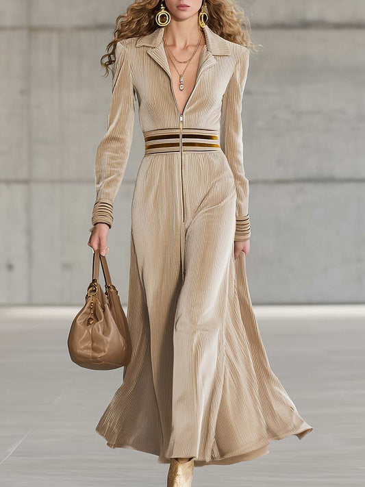 Elegant And Exquisite Retro Sports V-neck Front Zipper Beige Textured Velvet Maxi Dress