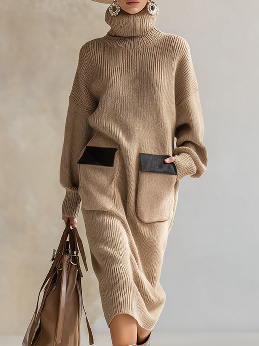 Fashionable Lazy High-neck Khaki Knitted Pocket Midi Dress