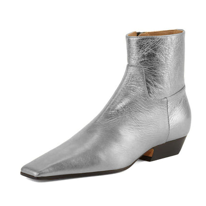 Fashion Silver Metallic Square Toe Chunky Heel Booties for Women