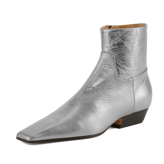 Fashion Silver Metallic Square Toe Chunky Heel Booties for Women