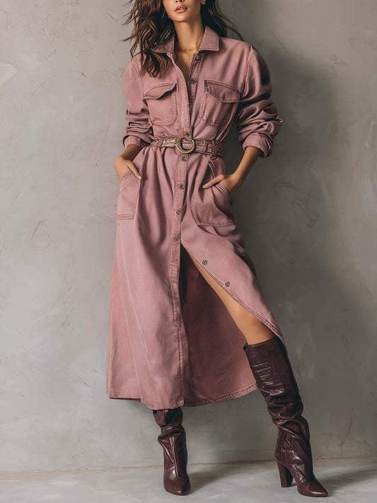 Dusty Rose Belted Denim Maxi Dress