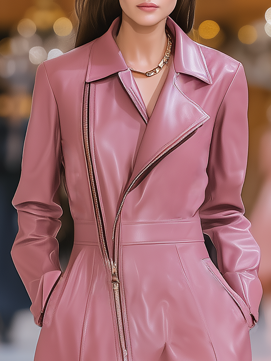 Fashion Retro Lapel Mid-length Faux Leather Coat
