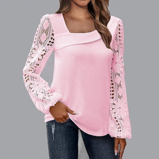 Everyday Hollow Guipure Lace Patchwork Lantern Sleeve Blouse