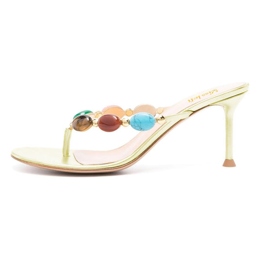 Faux Leather Round Toe Metallic Yellow Women's Heel Sandals