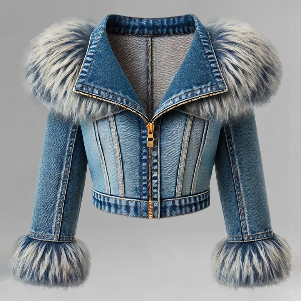 Fashion Plush Trimmed Lapel Long Sleeve Zipper Denim Cropped Jacket