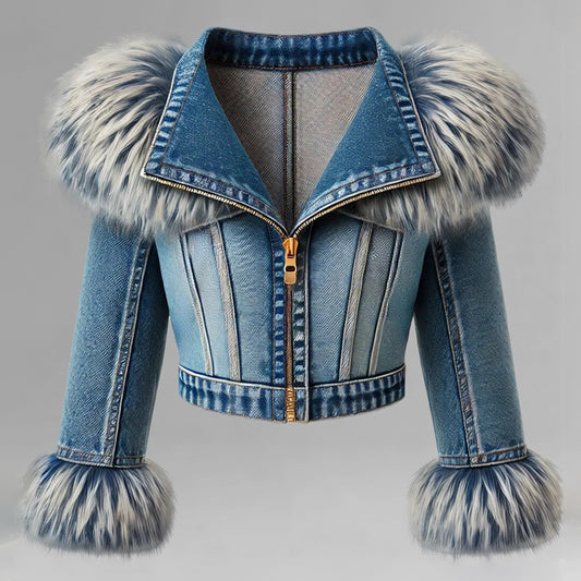 Fashion Plush Trimmed Lapel Long Sleeve Zipper Denim Cropped Jacket
