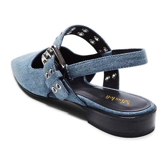 Denim Blue Square Toe Studded Slingback Low Heel Pumps for Women