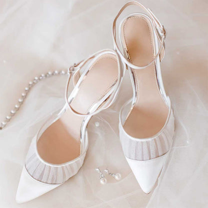 Elegant White Mesh & Satin Pointed Toe Pumps Shoes with Ankle Strap