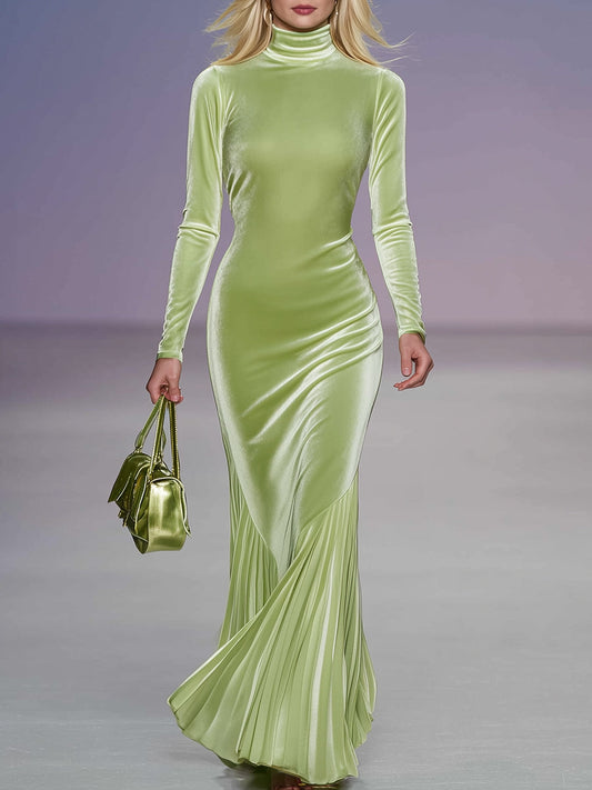 Elegant And Graceful Grass Green High-neck Velvet Skirt Pleated Maxi Dress