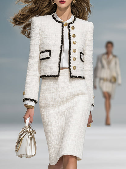 Elegant Classic Black Trim White Tweed Gold Button Short Jacket And Skirt Set