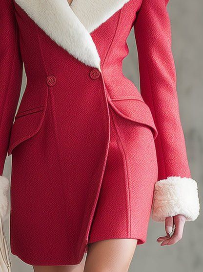 Fashionable Red And White Fur Button Coat