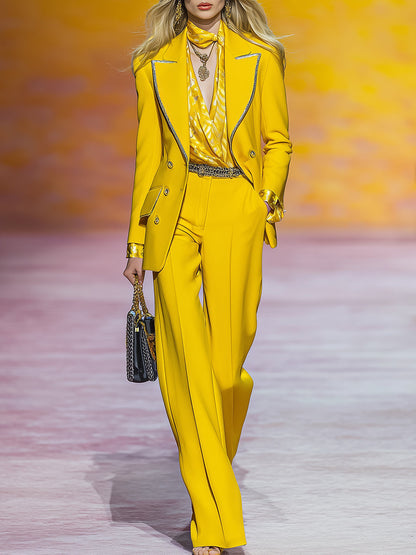 Fashionable And Smart Trim Yellow Suit Trousers Set