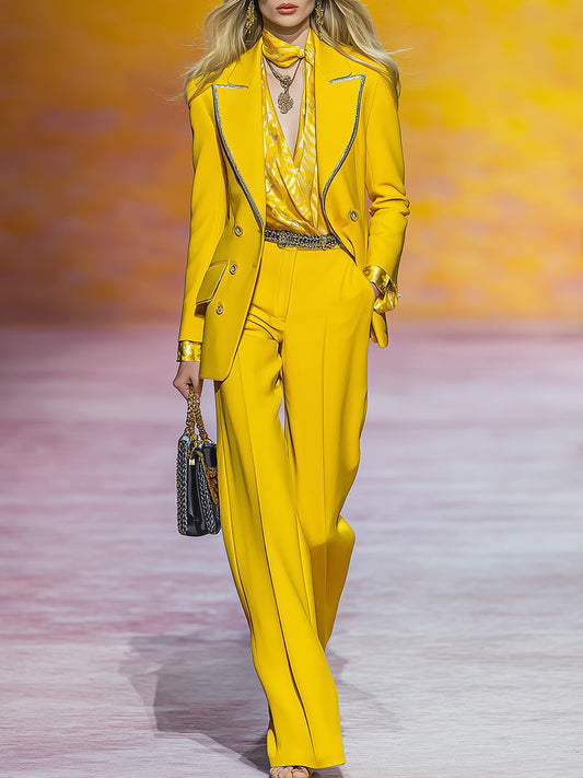 Fashionable And Smart Trim Yellow Suit Trousers Set