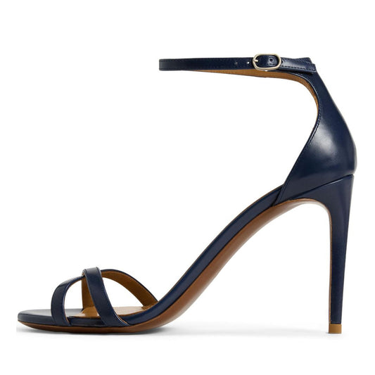 Elegant Navy Blue Round Toe Women's Heel Sandals with Buckle