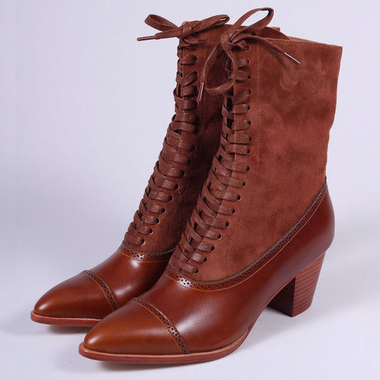 Faux Leather & Vegan Suede Brown Block Heel Pointed Toe Lace-Up Boots