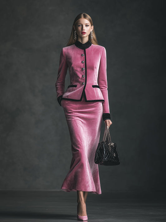 Elegant And Gentle Pink Hemmed Stand-up Collar Jacket And Fishtail Skirt Set