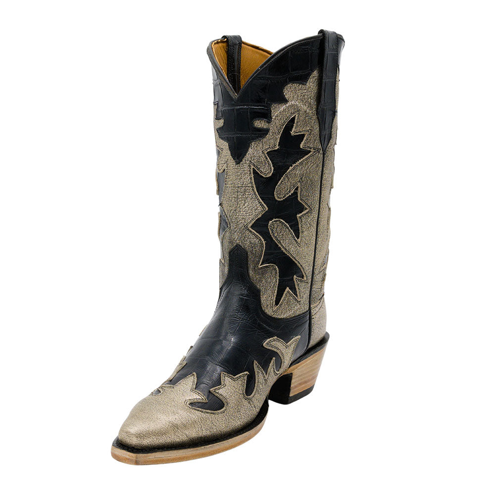 Gold & Black Block Heel Patchwork Snip Toe Western Boots for Women