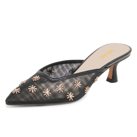 Elegant Black Pointed Toe Mule Kitten Heels with Rhinestoned Flowers