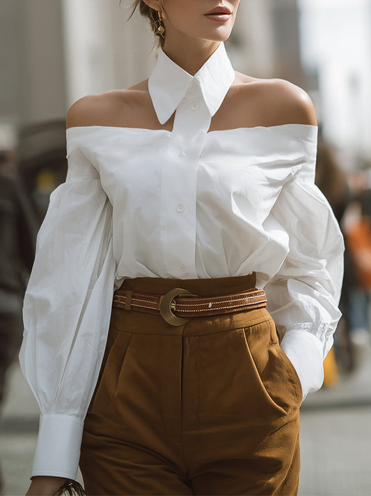 Fashionable Professional Lapel White One-shoulder Long-sleeved Blouse