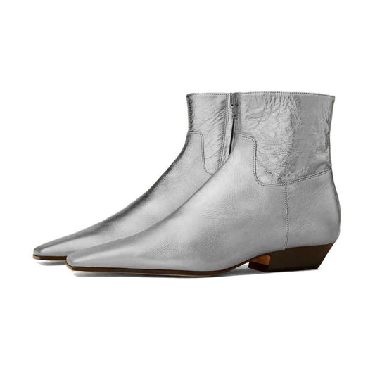 Fashion Silver Metallic Square Toe Chunky Heel Booties for Women