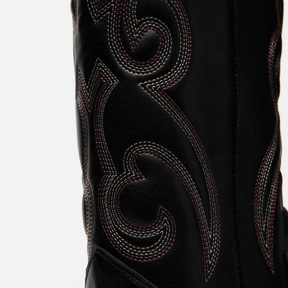 Fashion Pointed Toe Embroidered Knee-High Cowgirl Boots in Black
